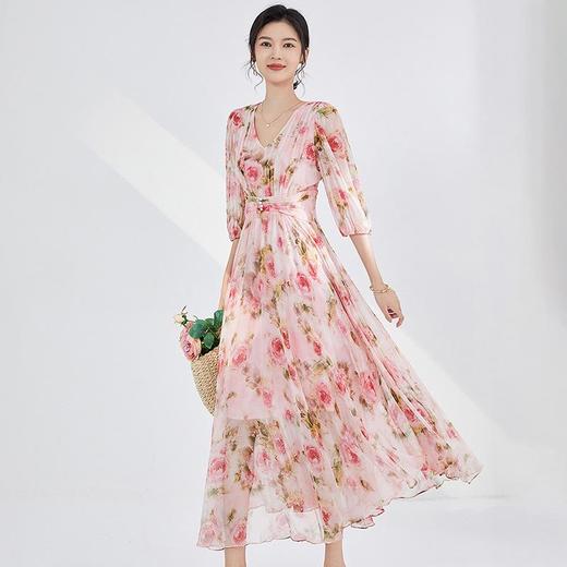 「自」全新升级【铂金会员569/天猫769/差价200】(01725)洛诗琳法式真丝印花连衣裙2025夏季新款气质收腰茶歇裙kbnq01725 商品图0