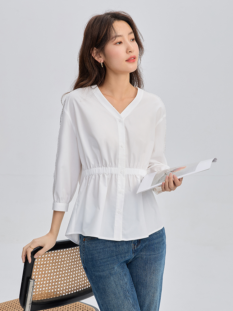 【年终特卖】熙世界法式V领衬衫女收腰2025秋季新款织带七分袖娃娃衫洋气小衫