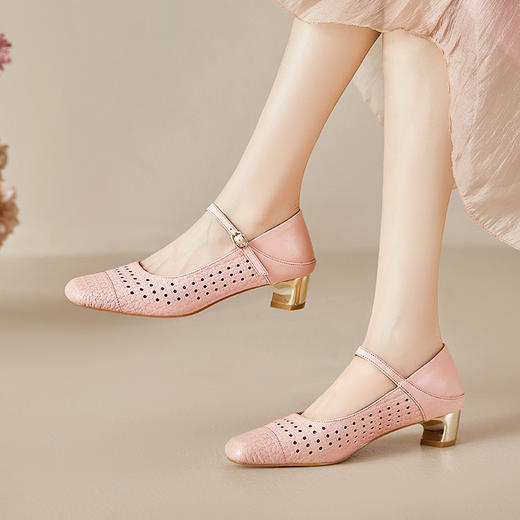 【预售5天】真皮方头镂空粗跟单鞋女春夏新款浅口羊皮高跟鞋MBJR&6915 商品图2
