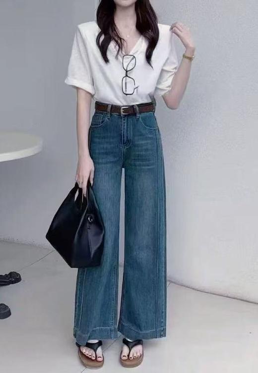 【牛仔系】7009立体线条显瘦宽边牛仔裤深色阔腿裤-喜出 商品图0