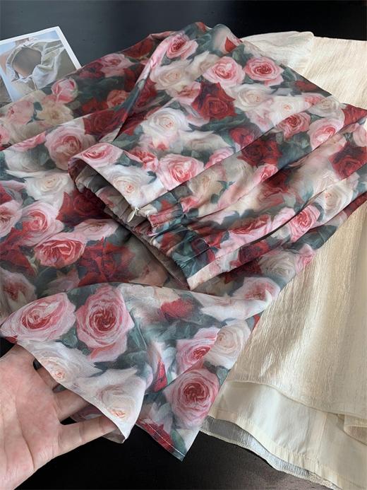 时髦洋气复古蔷薇印花伞裙高腰显瘦小A字半身裙 商品图12