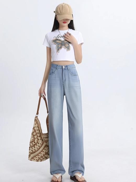 【牛仔系】9688 薄款天丝夏季后粉色刺绣字母牛仔裤拖地直筒裤-喜出 商品图1