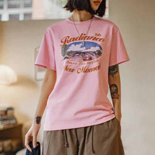 马登夏日仿蜡染粉色印花短袖美式复古机车慵懒显瘦遮肉落肩T恤女 商品图4