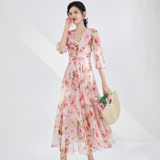 「自」全新升级【铂金会员569/天猫769/差价200】(01725)洛诗琳法式真丝印花连衣裙2025夏季新款气质收腰茶歇裙kbnq01725 商品图1