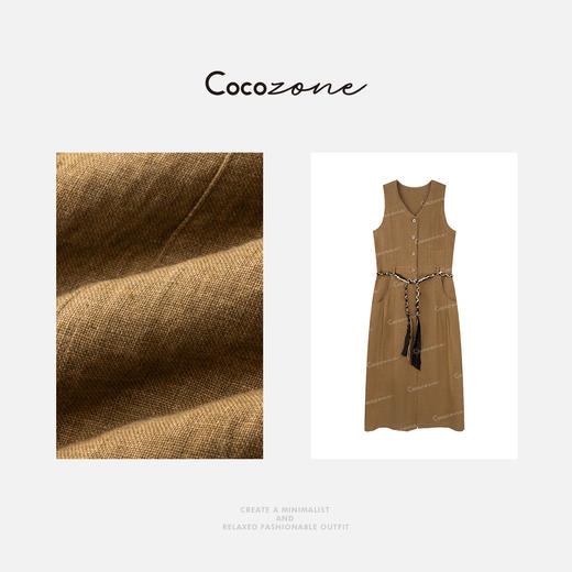 COCO ZONE 刘一一  【100亚麻】简约V领单排扣连衣裙CD2A1134 商品图4
