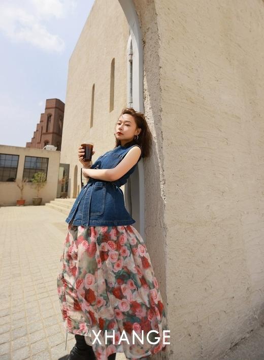 时髦洋气复古蔷薇印花伞裙高腰显瘦小A字半身裙 商品图6