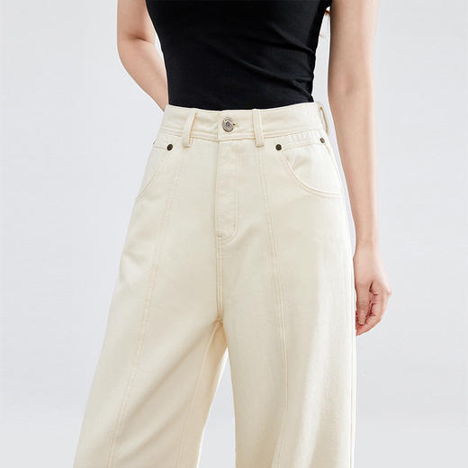 【五折购】熙世界100%长绒棉牛仔阔腿裤女薄款2025年春夏新款杏色直筒长裤子 商品图3
