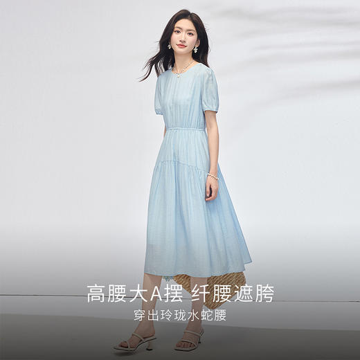 熙世界蓝色亚麻连衣裙女2025夏季新款气质优雅收腰圆领泡泡袖裙子 商品图2