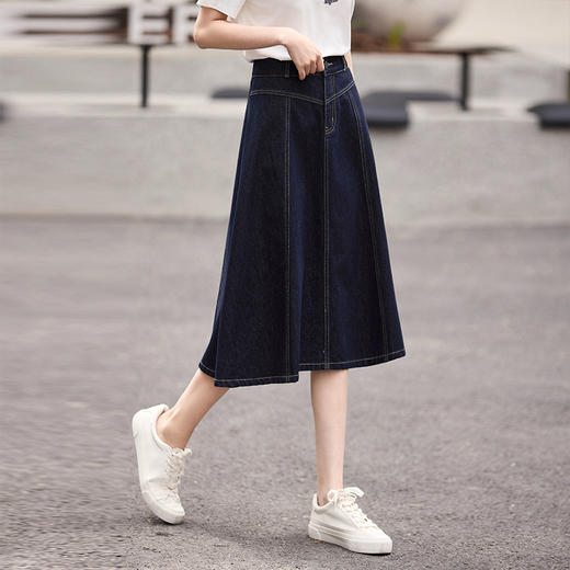 熙世界法式深蓝色半身裙女春夏新款复古梨形身材显瘦中长款A字裙 商品图3