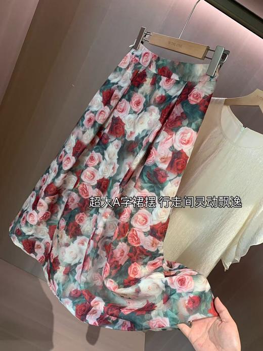 时髦洋气复古蔷薇印花伞裙高腰显瘦小A字半身裙 商品图9