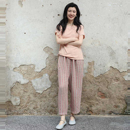 绽放女装318朵/【甜茶系列·玫瑰红茶】鱼骨纹亚麻七分裤休闲裤子 商品图1