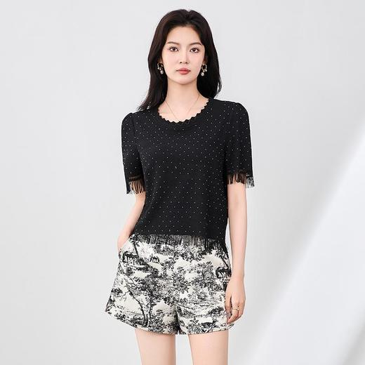 「高货wl」全新升级【铂金会员201/天猫269/差价68】(12314)洛诗琳设计感流苏T恤2025夏季气质遮肉显瘦烫钻轻薄上衣wl12314 商品图1