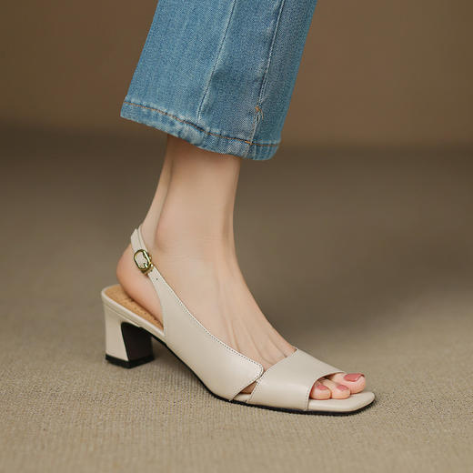 【预售5天】夏季新款真皮一字带高跟凉鞋女中跟露趾百搭法式单鞋DYJ&CX2813 商品图0