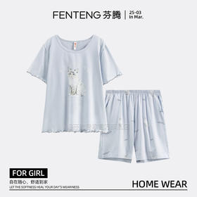 芬腾夏季女睡衣纯棉短袖短裤套装薄款凉感休闲女款夏天大码家居服