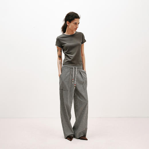 NUTH轻薄复古黑白格纹宽松抽绳直筒休闲裤女夏季 商品图1