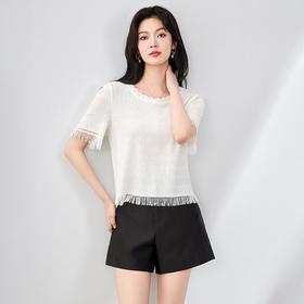 「高货wl」全新升级【铂金会员201/天猫269/差价68】(12314)洛诗琳设计感流苏T恤2025夏季气质遮肉显瘦烫钻轻薄上衣wl12314