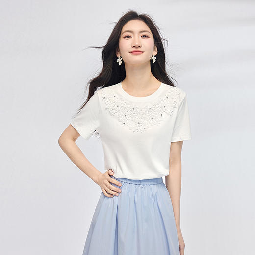 熙世界纯棉白色T恤女短袖2025夏新款设计感蕾丝花朵独特漂亮上衣 商品图3