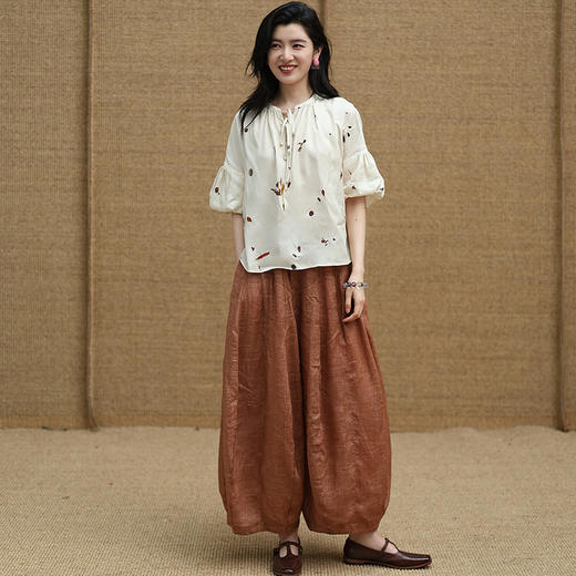 绽放旅行女装345朵/【甜茶系列】铜氨丝印花小衫系带灯笼袖上衣 商品图2