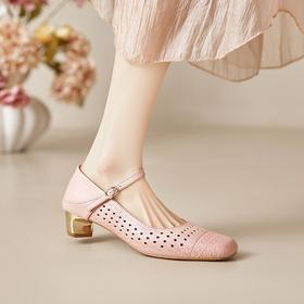 【预售5天】真皮方头镂空粗跟单鞋女春夏新款浅口羊皮高跟鞋MBJR&6915