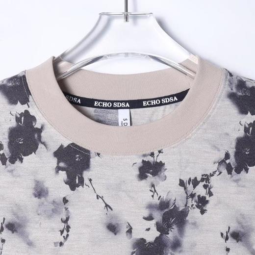 T3609夏季高级感新款男士水墨花卉图案短袖T恤国风百搭简约圆领上衣 商品图2