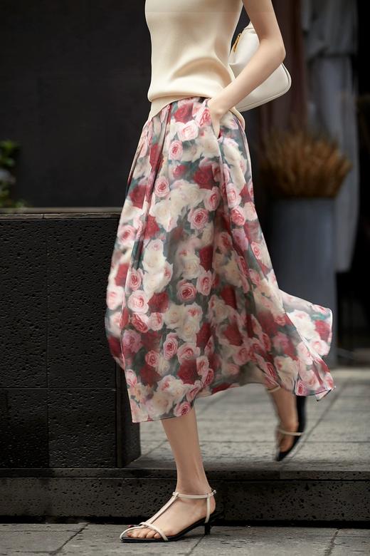 时髦洋气复古蔷薇印花伞裙高腰显瘦小A字半身裙 商品图0