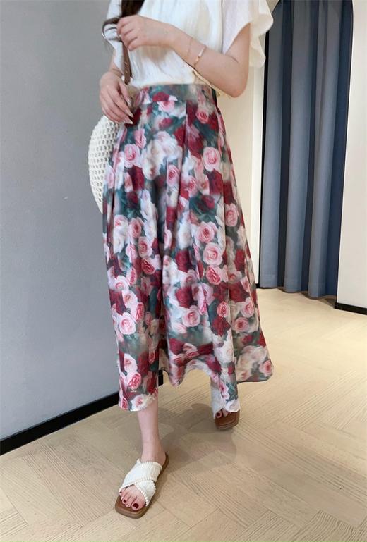 时髦洋气复古蔷薇印花伞裙高腰显瘦小A字半身裙 商品图8