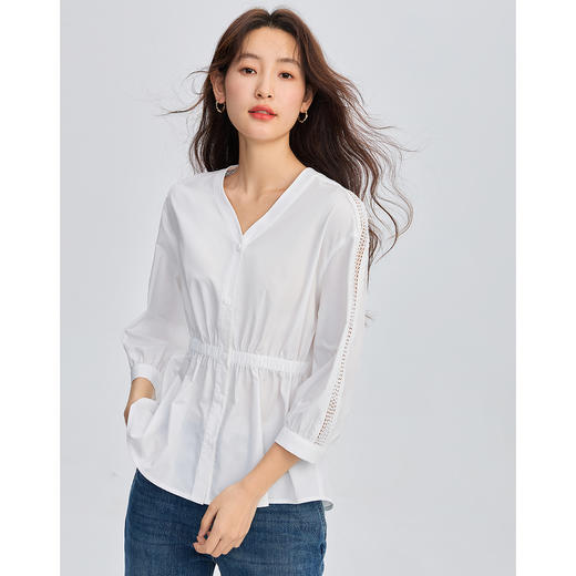 【年终特卖】熙世界法式V领衬衫女收腰2025秋季新款织带七分袖娃娃衫洋气小衫 商品图3