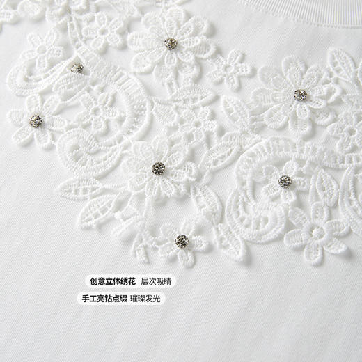 熙世界纯棉白色T恤女短袖2025夏新款设计感蕾丝花朵独特漂亮上衣 商品图1
