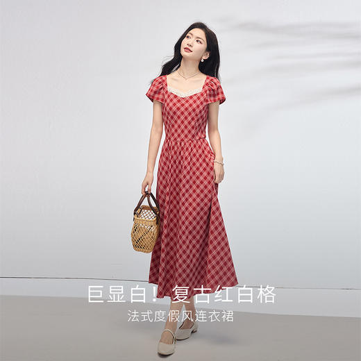 【专属特价】熙世界红色格子连衣裙女高级感夏新款法式收腰蕾丝方领飞飞袖裙子 商品图1
