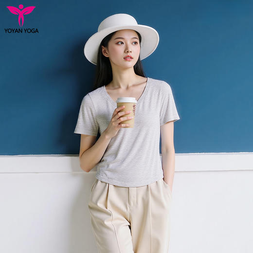 悠妍简约V领短袖T恤DX25529 莱赛尔天丝面料瑜伽服女运动上衣 商品图1