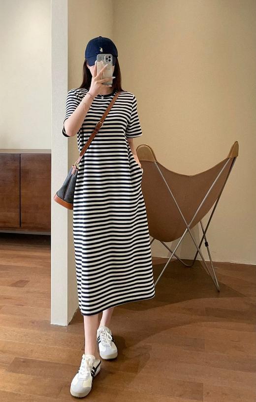 懒人BI备条纹直筒T恤裙宽松显瘦中长款短袖连衣裙 商品图3