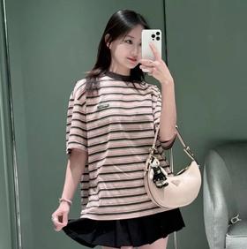 重磅渠道  PD粉咖条纹短袖T恤  男女同款 宽松短袖T恤