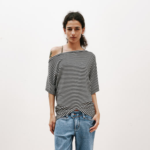 NUTH条纹斜肩宽松蝙蝠袖短袖T恤女 白色/黑白条纹 商品图4