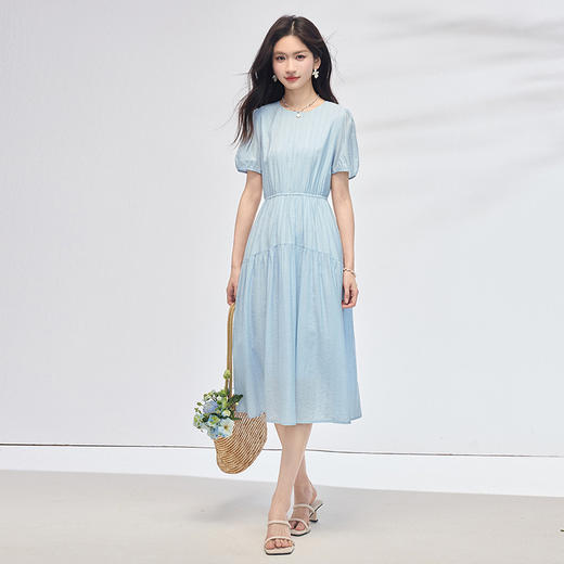 熙世界蓝色亚麻连衣裙女2025夏季新款气质优雅收腰圆领泡泡袖裙子 商品图4