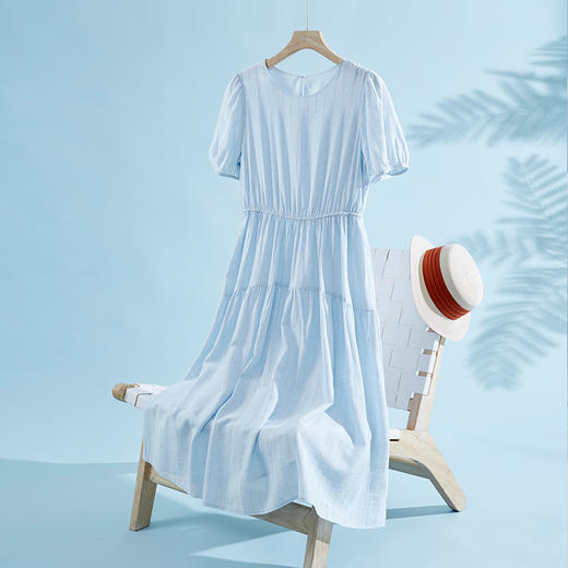 熙世界蓝色亚麻连衣裙女2025夏季新款气质优雅收腰圆领泡泡袖裙子 商品图3