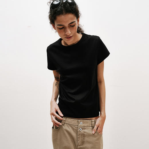 NUTH铜氨丝百搭基础正肩修身圆领短袖T恤女 黑色/白色 商品图2
