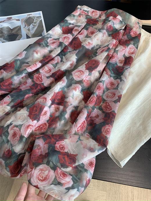 时髦洋气复古蔷薇印花伞裙高腰显瘦小A字半身裙 商品图11