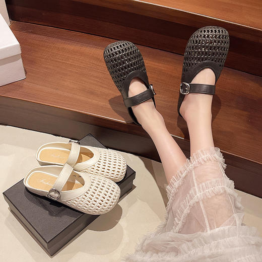 【35.9抢2对！！今夏必备🔥复古甜美半拖鞋✨镂空编织设计，清凉又百搭，走出你的时尚小心机💃2025夏季浅口编织纹镂空圆头鞋 平底女包头时尚百搭复古甜美半拖鞋 今夏热款 商品图1