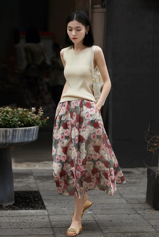 时髦洋气复古蔷薇印花伞裙高腰显瘦小A字半身裙 商品图4