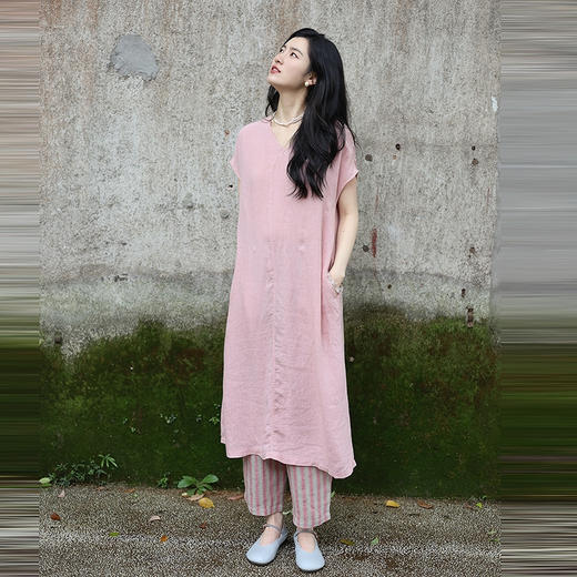 绽放女装318朵/【甜茶系列·玫瑰红茶】鱼骨纹亚麻七分裤休闲裤子 商品图2