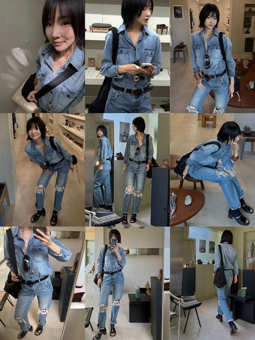 HIDEMI都市单宁系列多重水洗猫须牛仔蓝不规则破洞手作做旧牛仔裤 商品图5