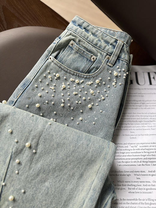 现货 THS-限时 成衣洗水 手工钉珠牛仔阔腿裤 BJ3325 商品图5