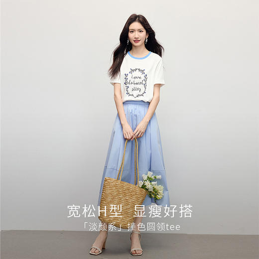 【专属特价】熙世界花卉刺绣正肩T恤女短袖2025夏日新款撞色圆领chic别致上衣 商品图4