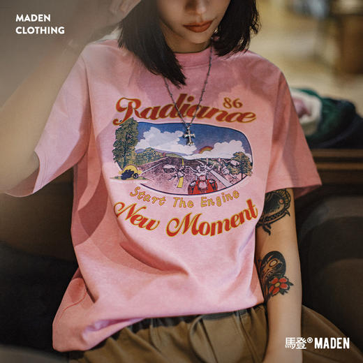 马登夏日仿蜡染粉色印花短袖美式复古机车慵懒显瘦遮肉落肩T恤女 商品图0