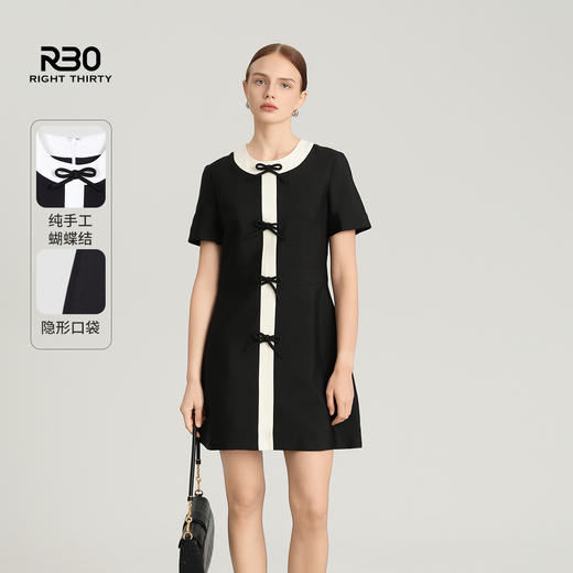 【破价】R30【蝴蝶结在逃公主】赫本风圆领短袖黑白拼接连衣裙收腰显瘦A字裙子 R25LF03009【现货】 商品图2
