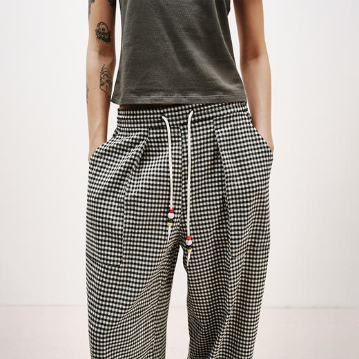 NUTH轻薄复古黑白格纹宽松抽绳直筒休闲裤女夏季 商品图2