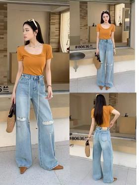 8.10秒杀 品质【牛仔系】6949破洞蕾丝品质显瘦拖地直筒牛仔裤-喜出