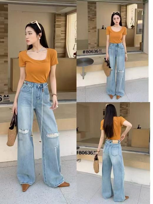 8.10秒杀 品质【牛仔系】6949破洞蕾丝品质显瘦拖地直筒牛仔裤-喜出 商品图0