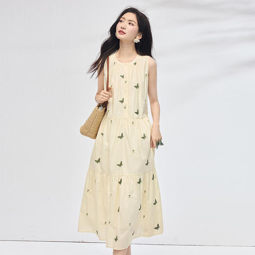 【专属特价】熙世界蝴蝶刺绣无袖连衣裙女夏2025新款优雅气质圆领a字背心长裙 商品图3