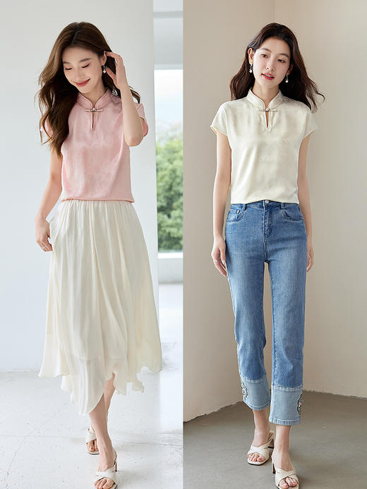 【五折购】熙世界新中式盘扣立领粉色衬衫夏季新款设计感提花缎面别致上衣 商品图4